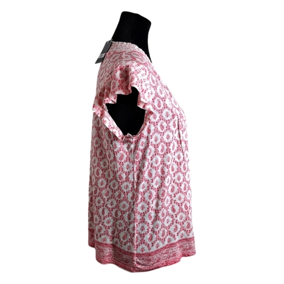 Lucky Brand Cotton Modal Split V-neck Flutter Top Paisley Red & White Size Small - Picture 5 of 12